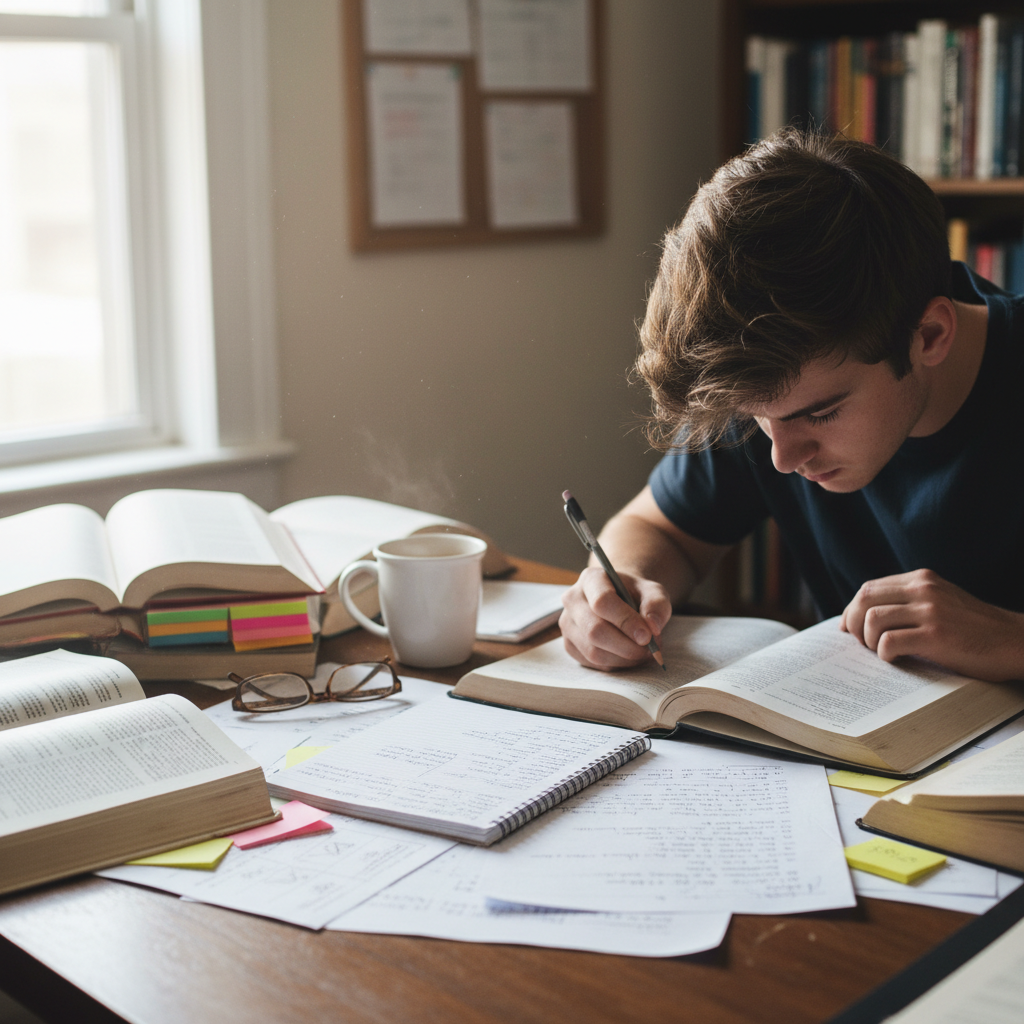 Student focused on academic work with textbooks and notes