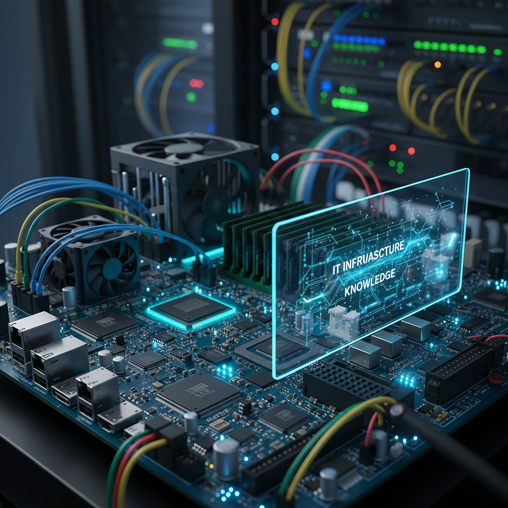 Close-up circuit board with glowing blue components, technology detail, dark background