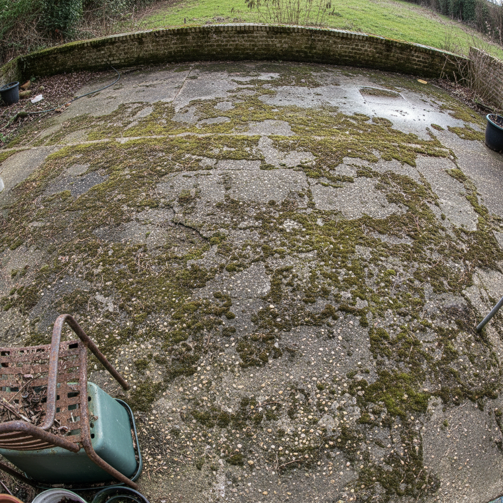 Concrete driveway covered with green algae and mold growth in shaded areas