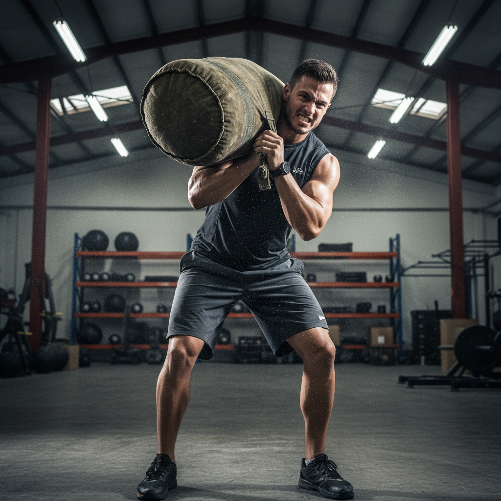 Athlete deadlifting heavy barbell — dark gym environment, chalk dust, intense low-key lighting on concentrated face