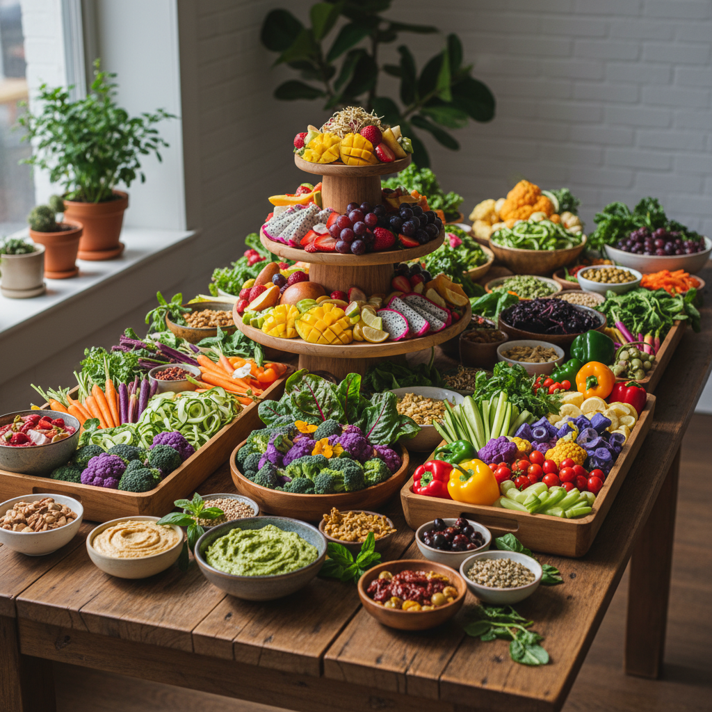 Abundance of colorful raw food platters on a large wooden table for a feast
