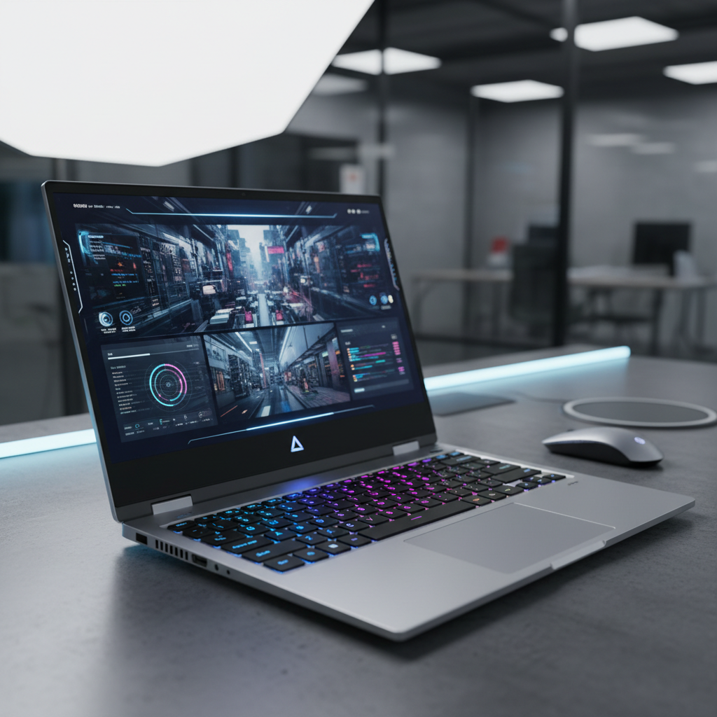 Silver laptop on clean desk with blue ambient lighting, futuristic workspace