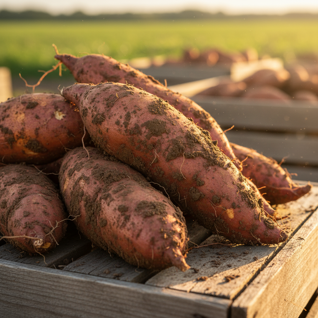 Orange sweet potatoes freshly harvested on rustic wooden table with warm natural lighting, earthy tones, Indonesian farm setting