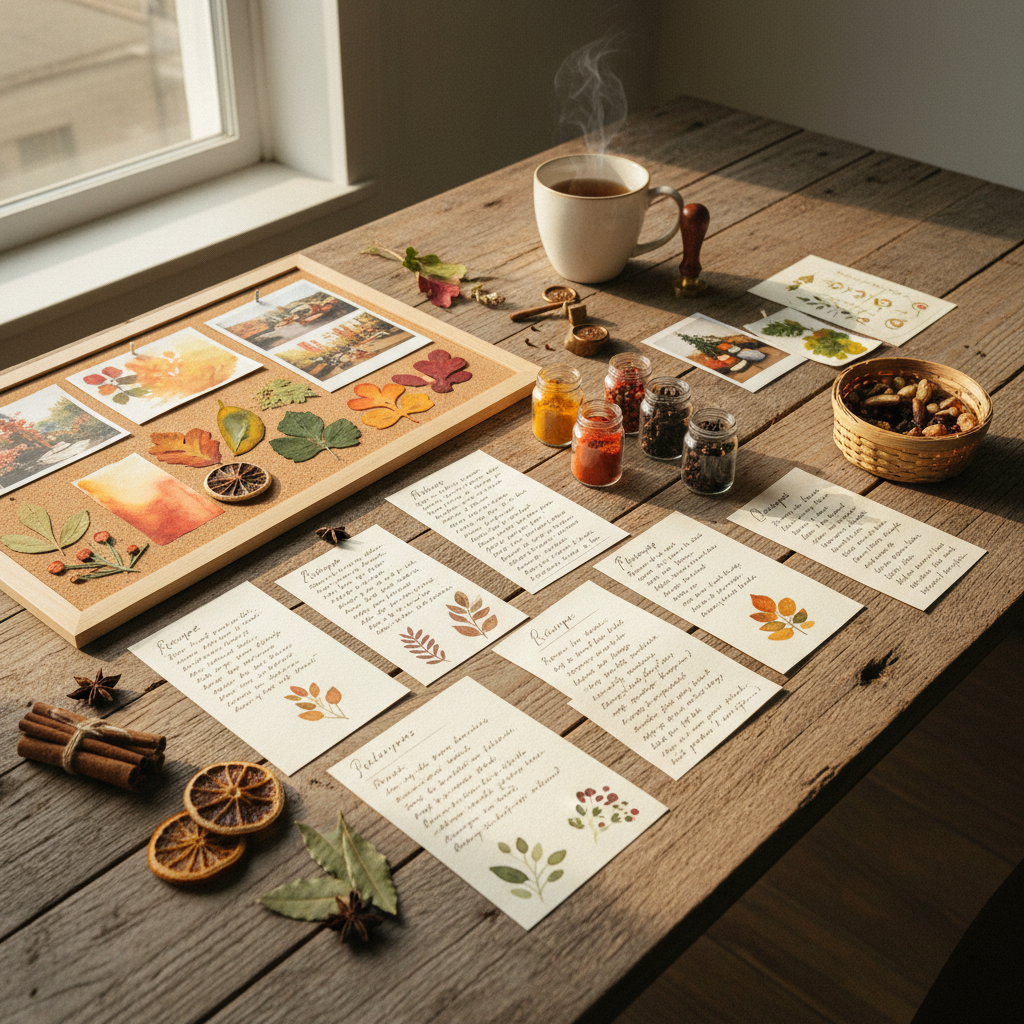 Editorial flat lay of food magazine, spices, and handwritten notes on a dark wooden table with moody natural light