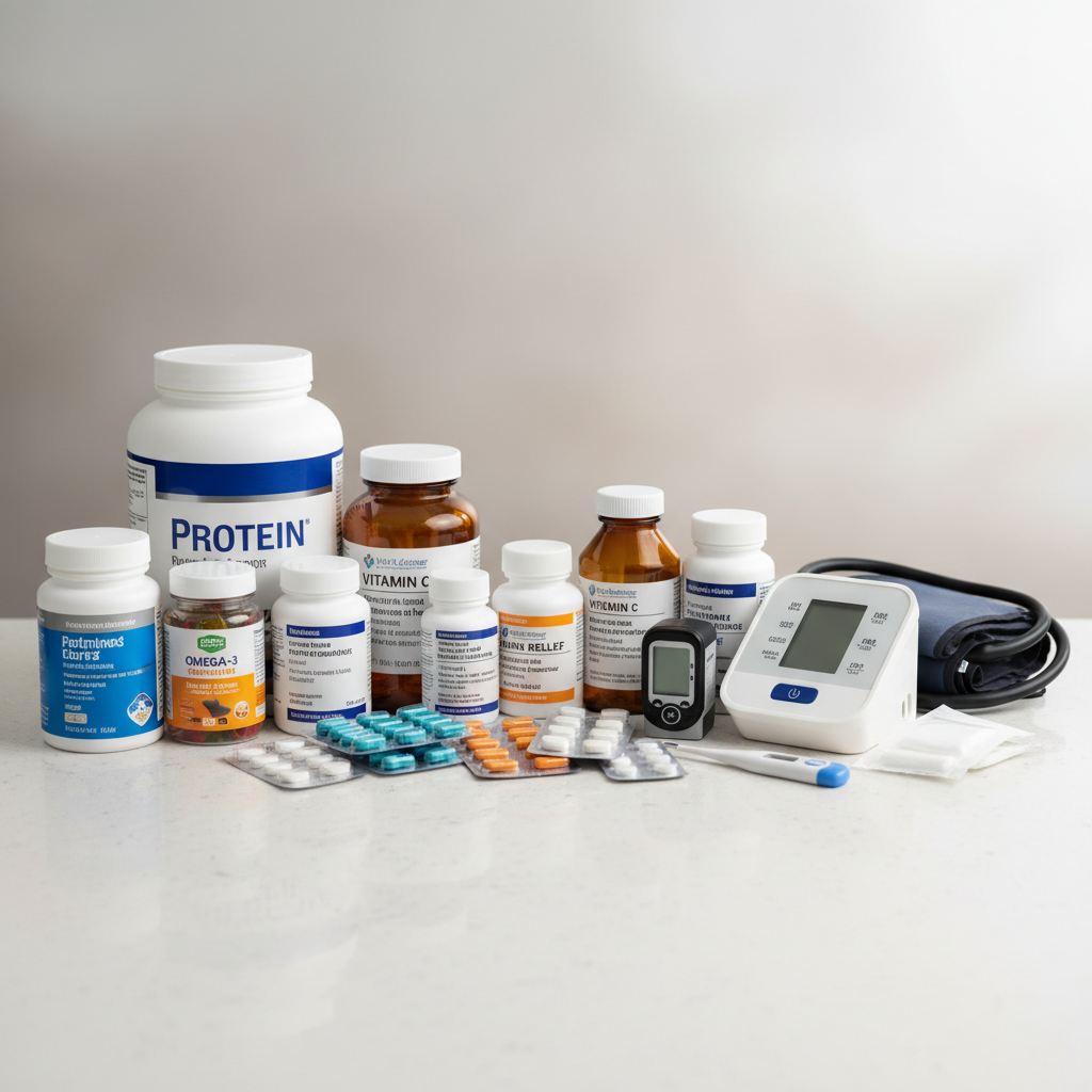 Blood pressure monitor, thermometer, and glucometer medical devices on a clean bright surface in a well-lit clinical environment