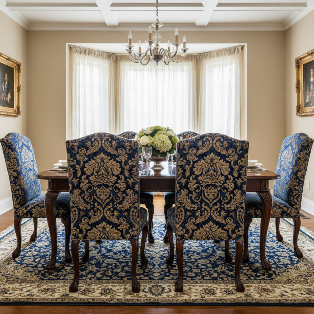 Six reupholstered dining chairs with damask fabric in a formal dining room setting