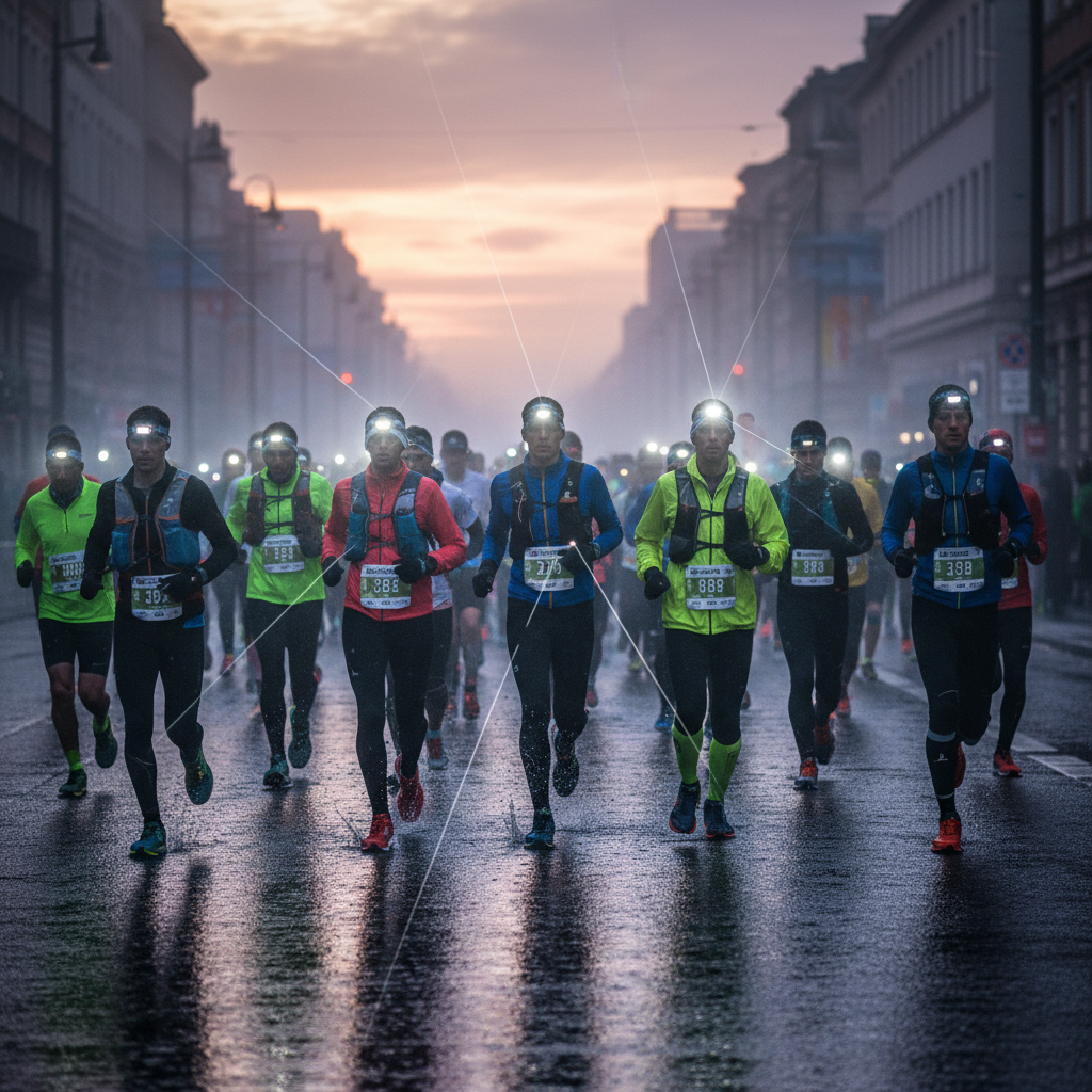 Pack of marathon runners on rain-slicked city streets at dawn, headlamps cutting through fog