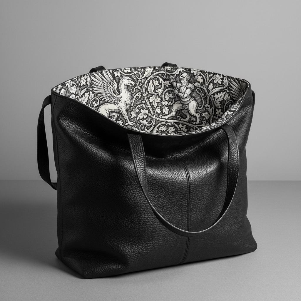 Vespers Tote — oversized black leather tote with medieval woodcut interior lining
