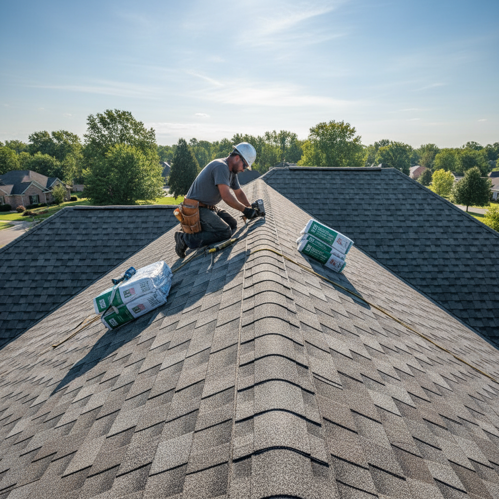 Architectural shingles being laid in offset courses on a residential roof