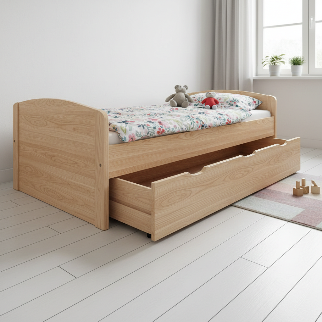 Space-saving loft bed with storage underneath in a small bedroom