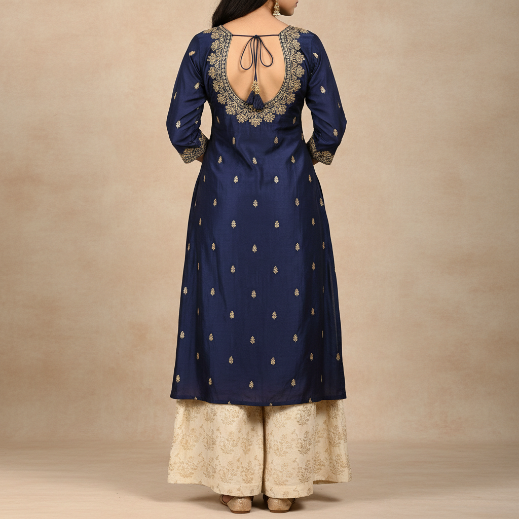 Vibrant peacock blue palazzo pants and kurti set with gold accents, festive warm lighting