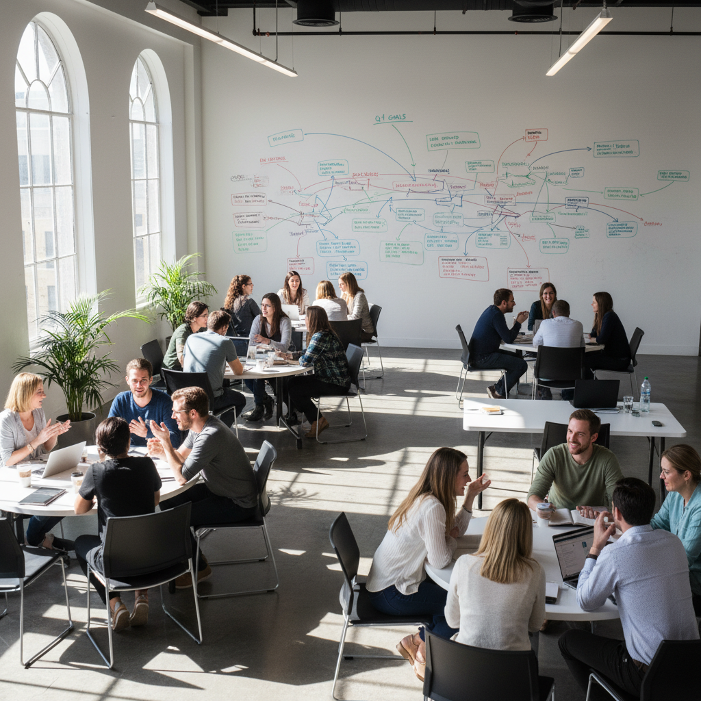 Groupe de participants dans un atelier de formation entrepreneuriale, salle moderne éclairée, tableau blanc avec schémas