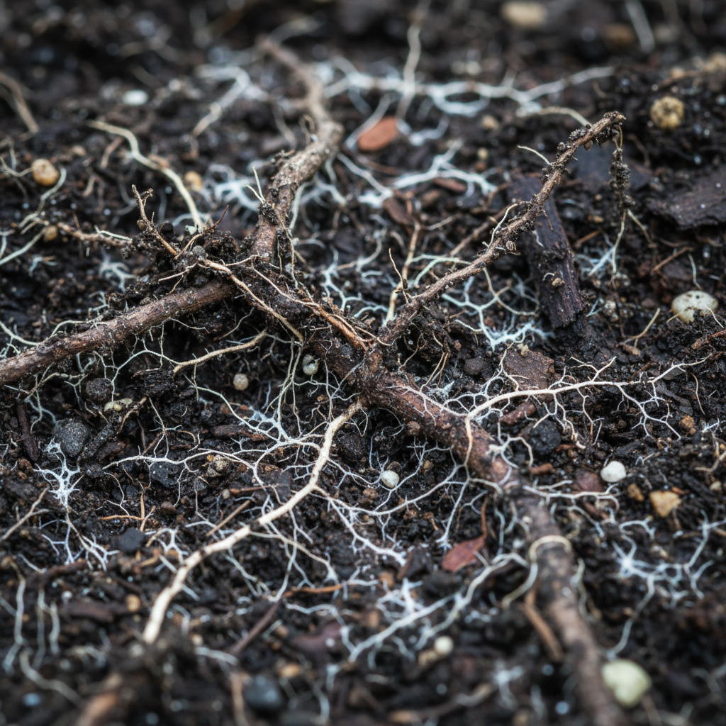 Intricate mycelium network visible in dark forest soil between tree roots