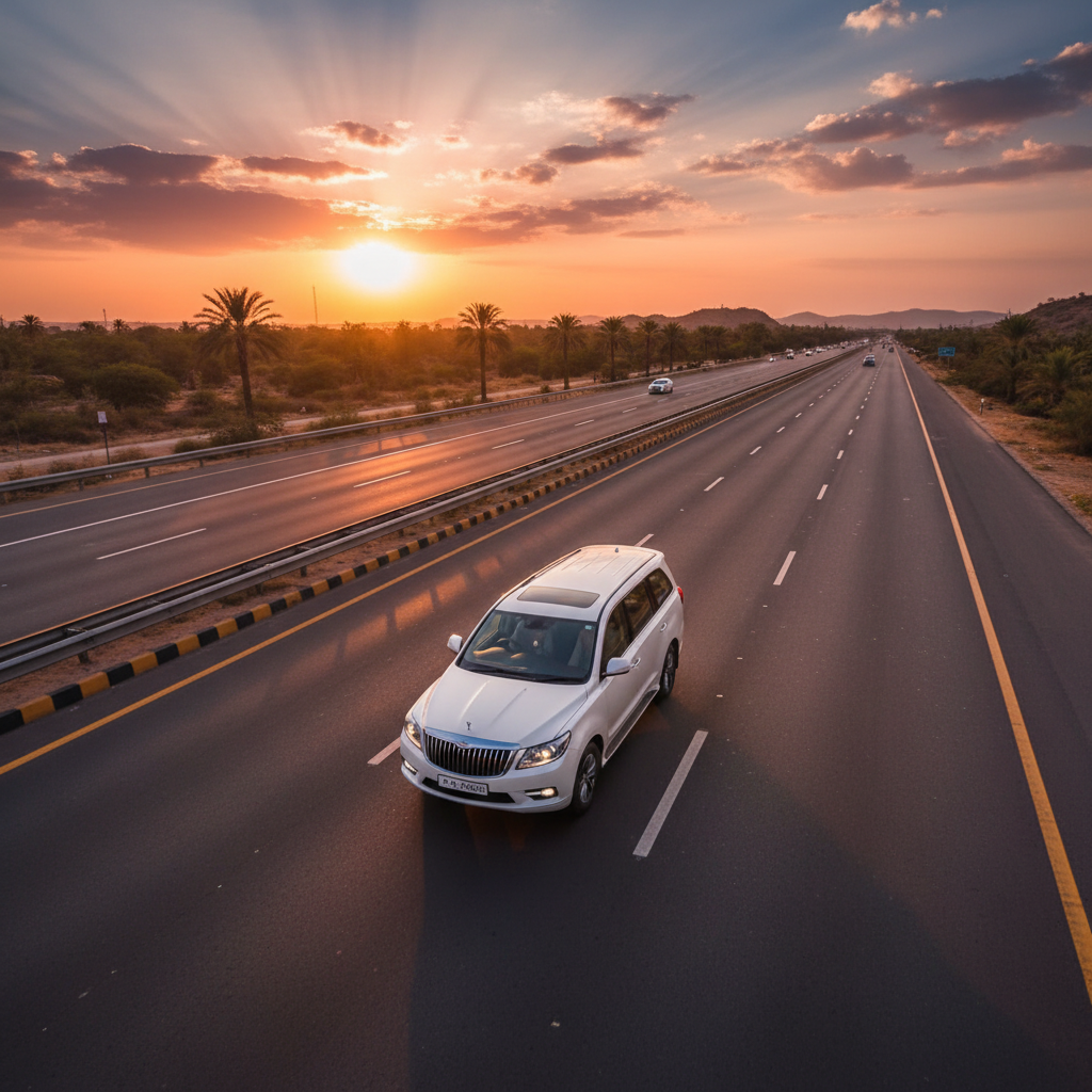 White cab driving on Delhi highway at sunrise, open road, warm golden light, India