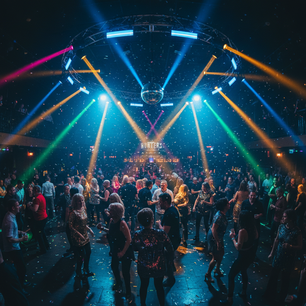 Packed dance floor at Hunters Nightclub Sunday tea dance with colorful lights and crowd