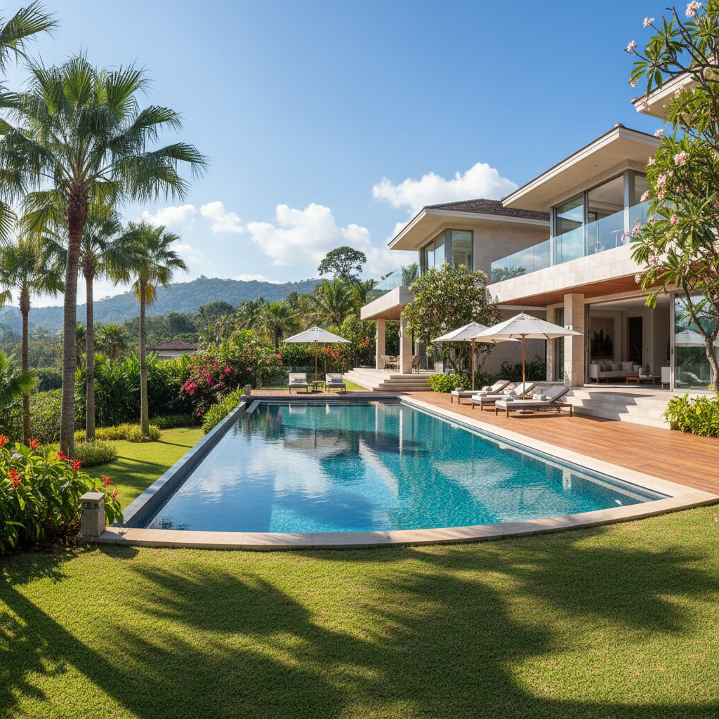 Luxury villa with swimming pool surrounded by green hills