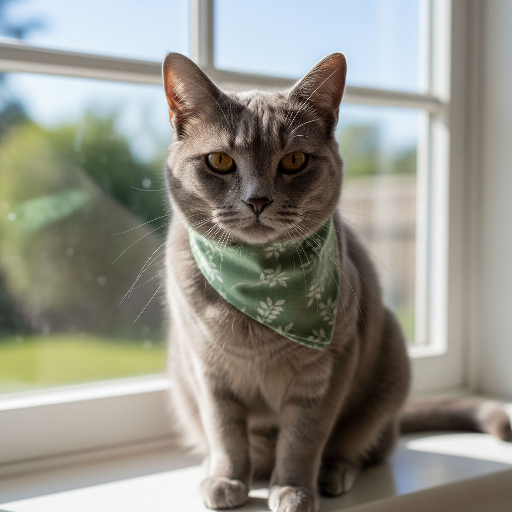 Sleek gray cat Miso wearing a fern-green bandana posed on a white windowsill