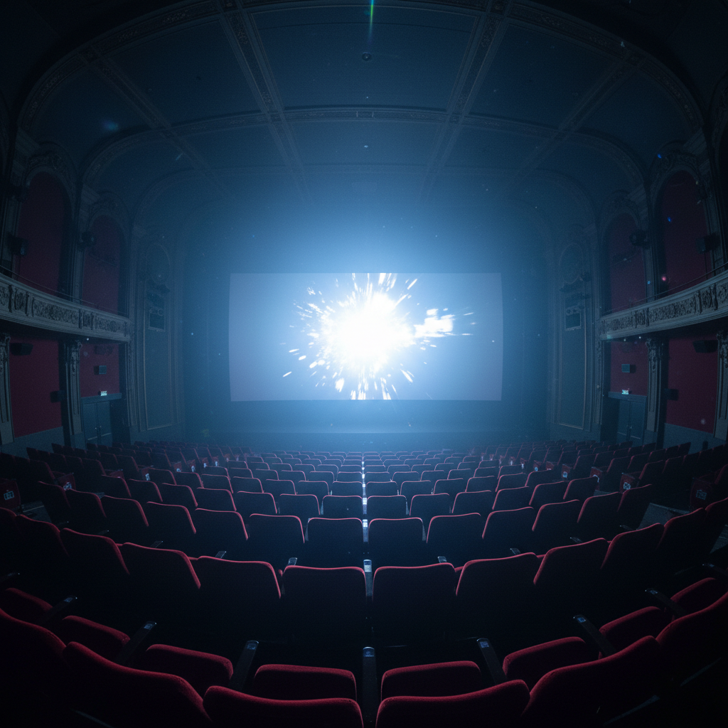 Cinema interior, dim atmospheric lighting, dark moody theatrical environment