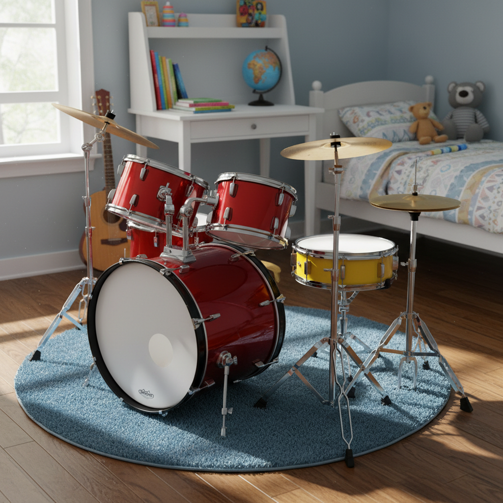 Junior drum kit set up in a bright bedroom with sunlight