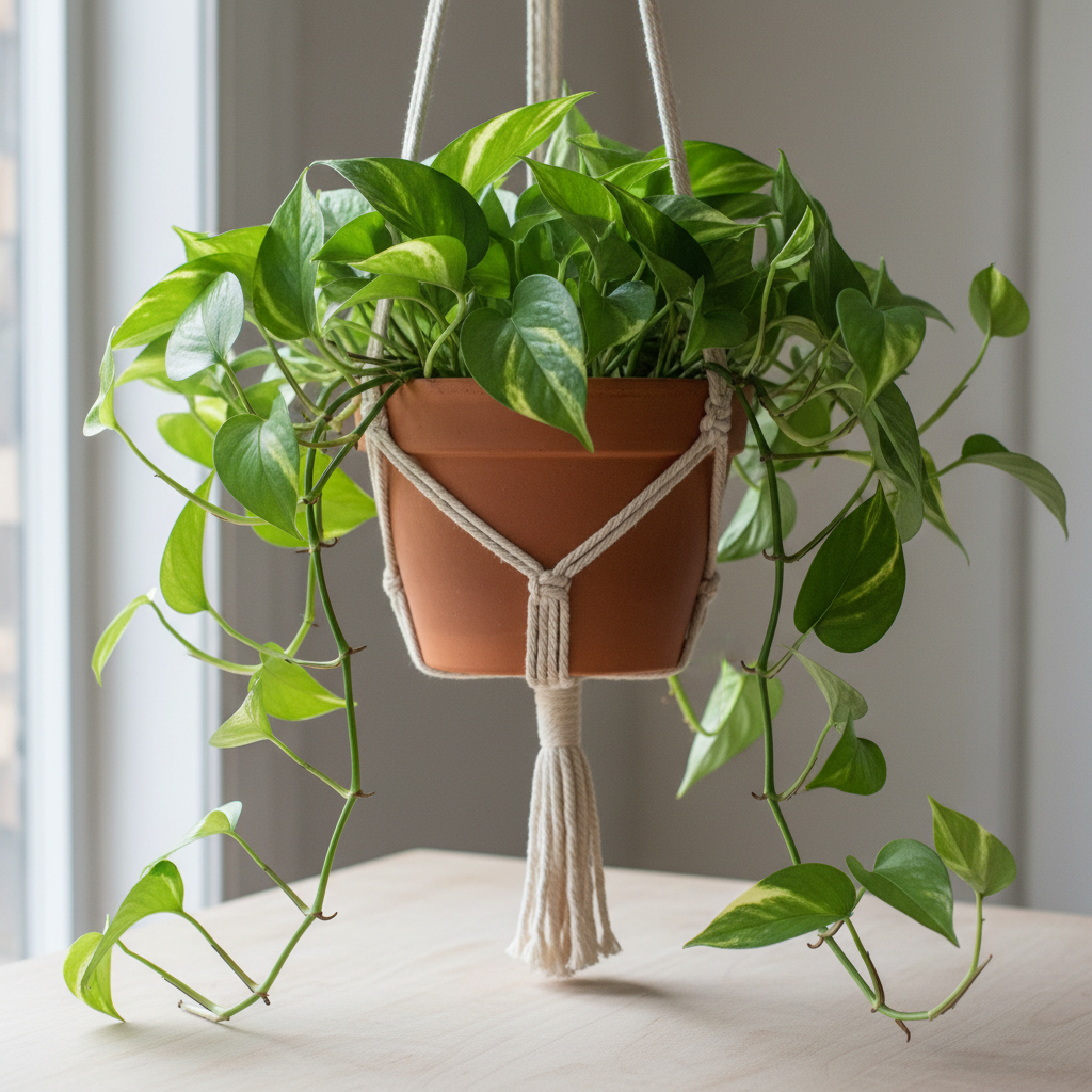 Minimalist knotted plant hanger with trailing pothos plant in terracotta pot