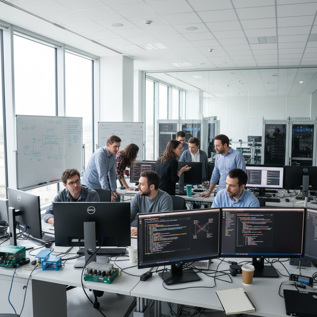 AI safety researchers collaborating on alignment techniques in research lab