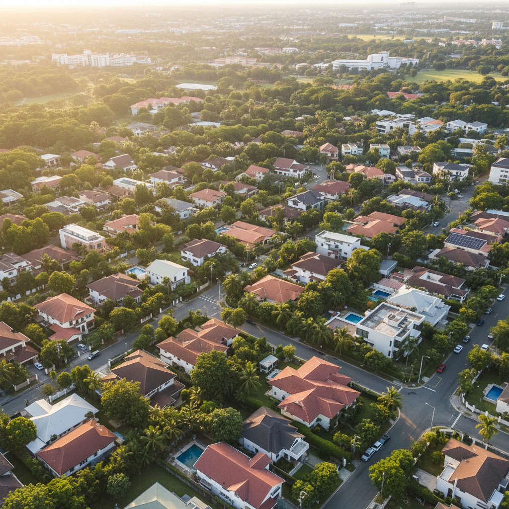 Aerial view of residential neighborhood properties, deep shadows, dim atmospheric overhead shot, cinematic low-key residential lighting