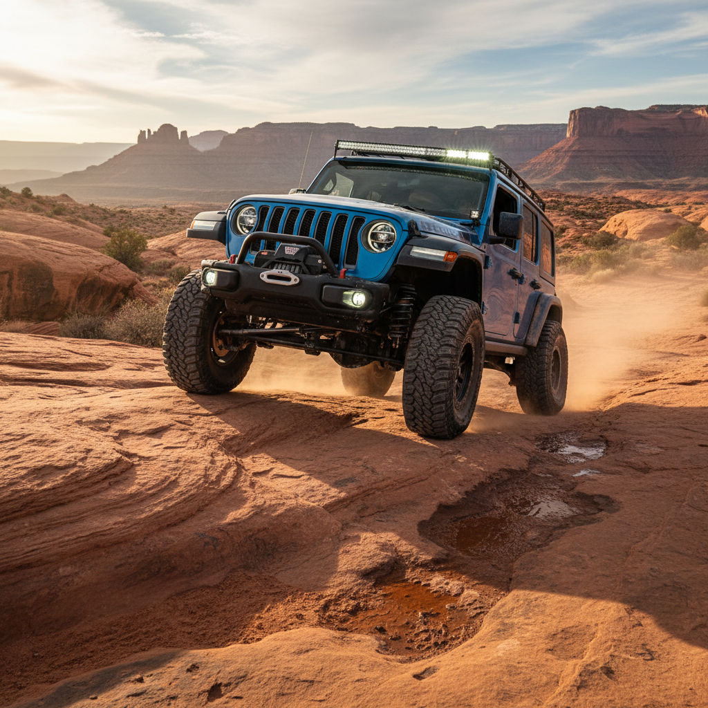 Lifted Jeep Wrangler JL Rubicon on rocky Moab trail with articulated suspension and LED light bars at golden hour