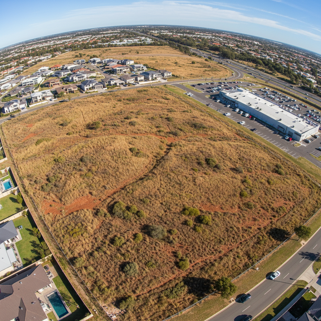Aerial view of commercial development site showing six parcels with easement corridors marked in survey overlay