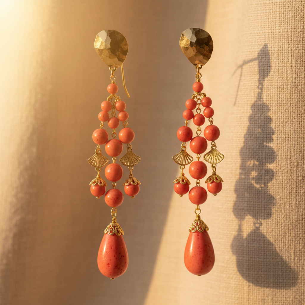 Vivid coral and white marbled resin hoop earrings on a light sandy background with warm natural light