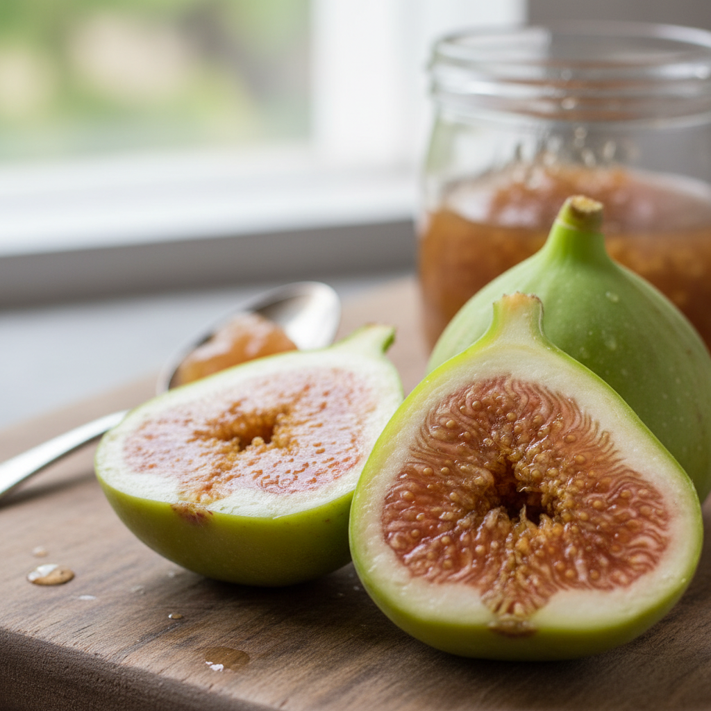 Kadota fig cross-section showing pale amber flesh and light green skin, ideal for preserve production
