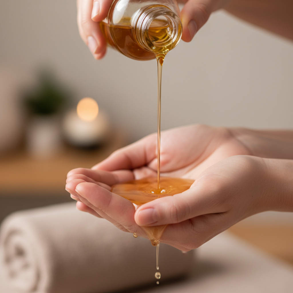 Therapist pouring warm massage oil into hands before a treatment