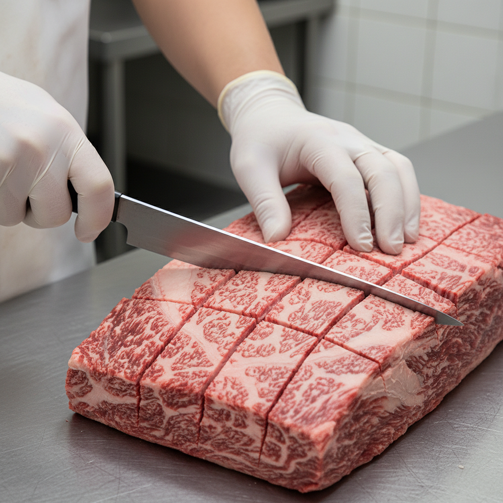 Butcher scoring wagyu beef against the grain, visible marbling