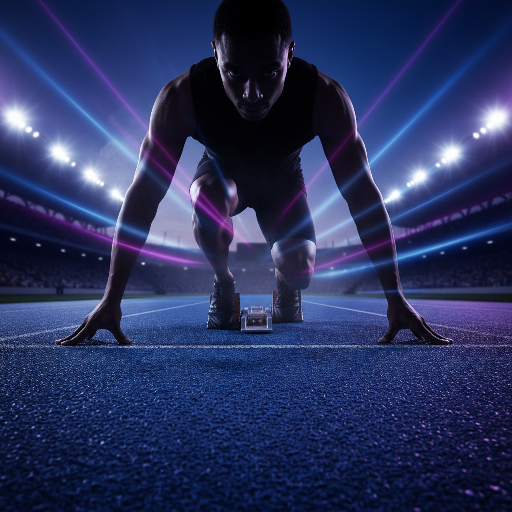 Sprinter in starting blocks at track-level angle, shoulders silhouetted against indigo stadium lights, fingers pressed to polyurethane surface
