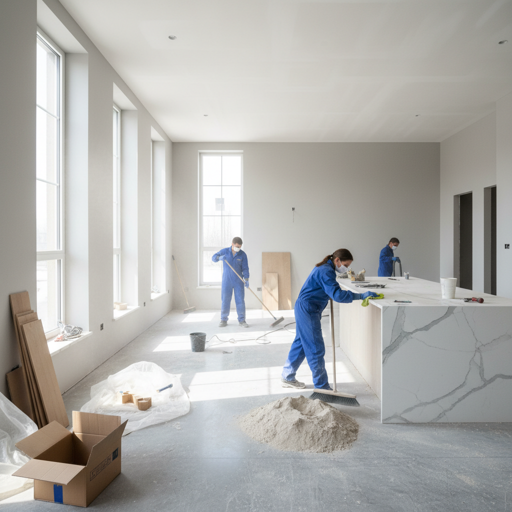 Post-renovation cleaning of newly built condominium unit with dust removal