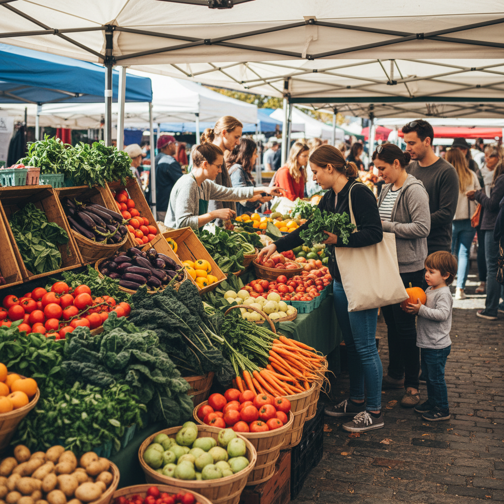 Farmers market stall with seasonal produce and customers selecting vegetables