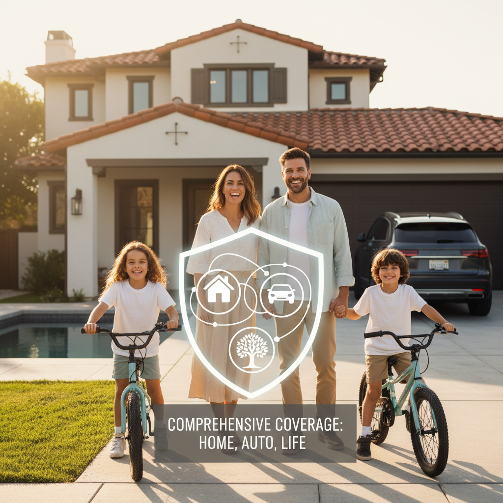 Happy California family protected by comprehensive home, auto, and life insurance coverage