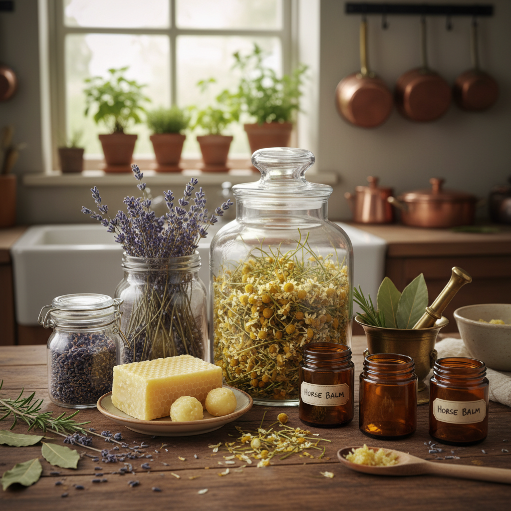 Glass jars and dried herbs on a kitchen table — chamomile, lavender, beeswax — ingredients for homemade horse balm