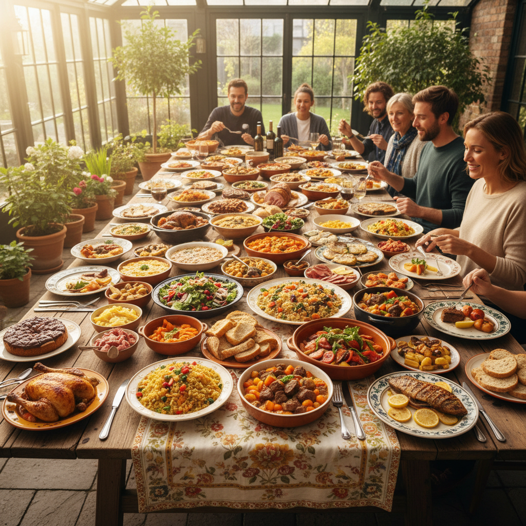 Long table covered with dozens of home-cooked dishes at community potluck