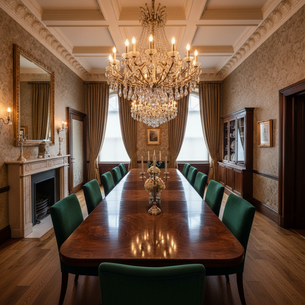 Private dining room with long dark wood table, statement chandelier, and warm golden candlelight, elegant interior design