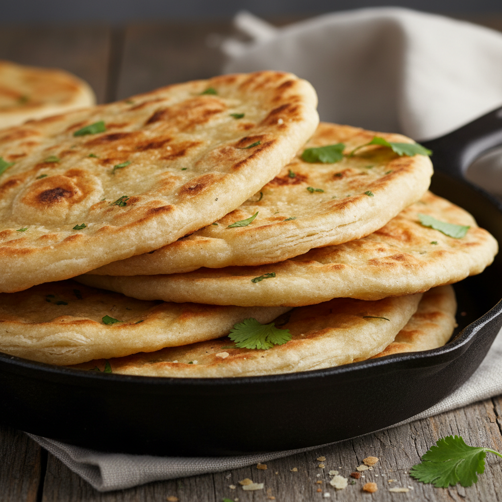 Golden sha balep flatbreads stacked on a cast-iron skillet with charred edges