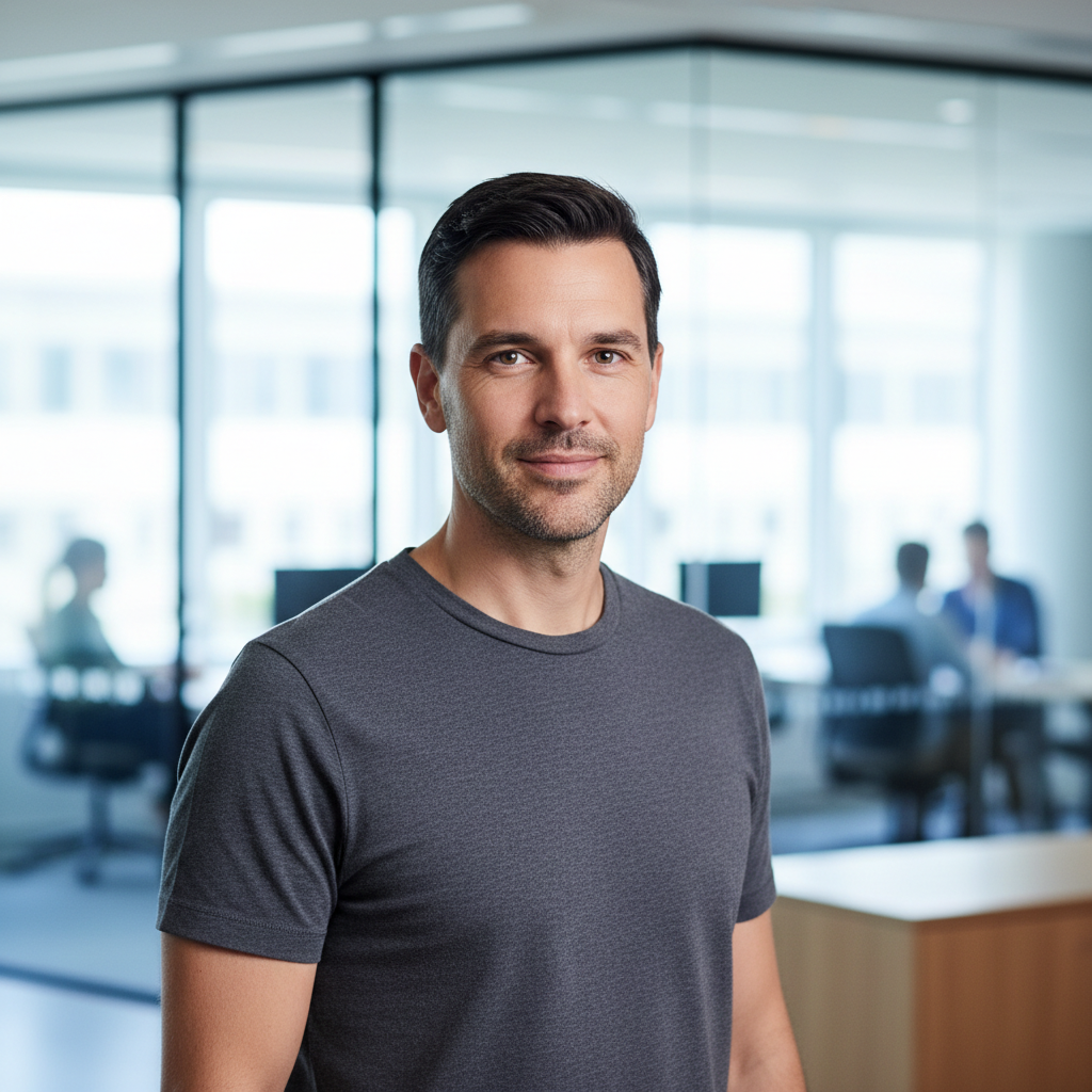 Man in his thirties with dark hair wearing a grey shirt, professional setting