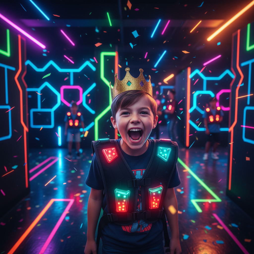 Birthday kid celebrating with laser tag vest and crown, screaming with joy in neon-lit arena