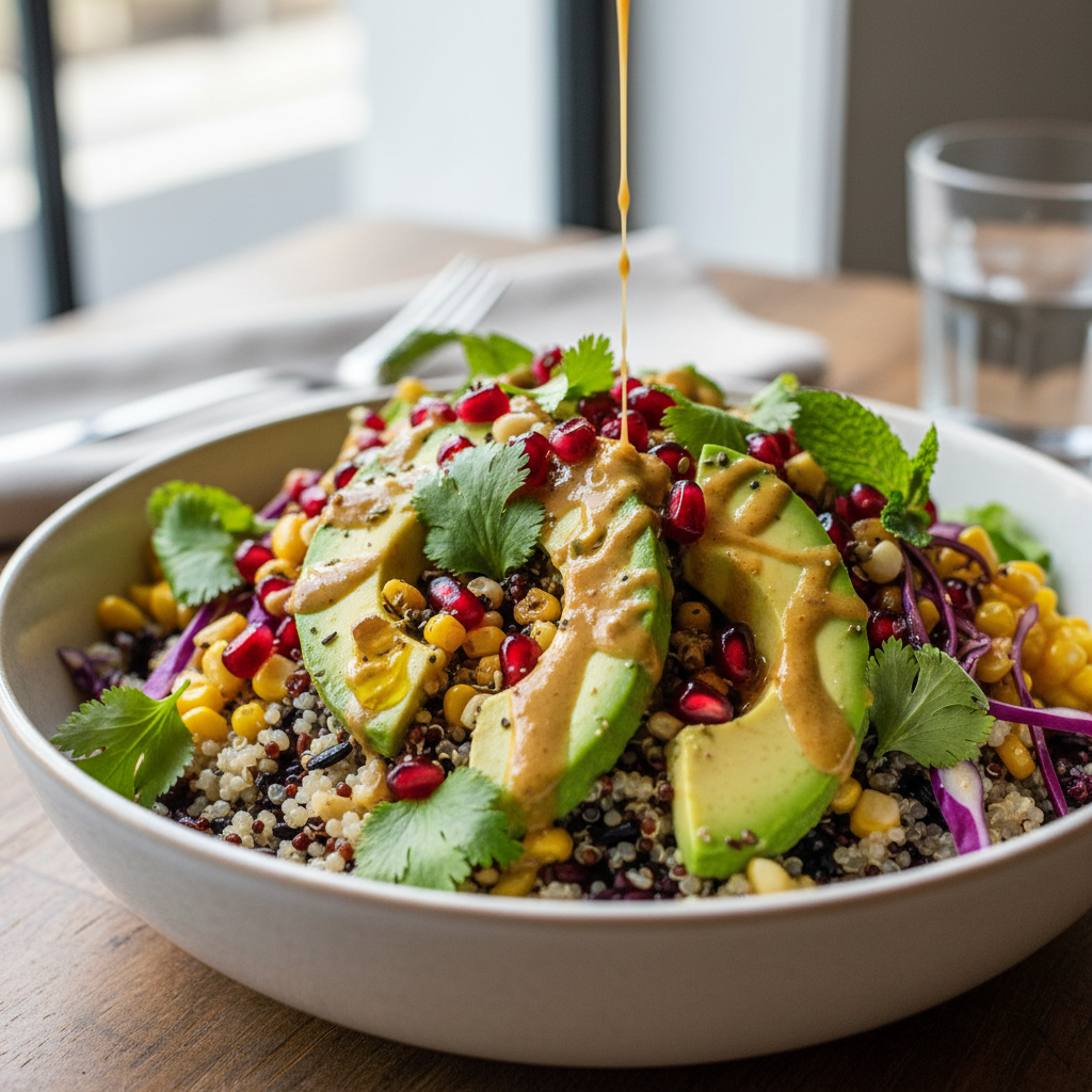 Freshly plated comfort food meal with vibrant colors on a restaurant table
