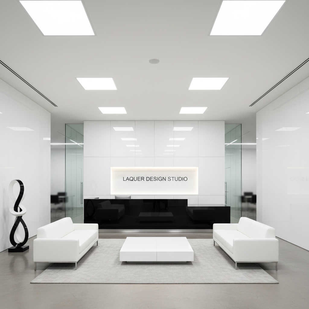 Clean-lined Lacquer studio reception area with black signage