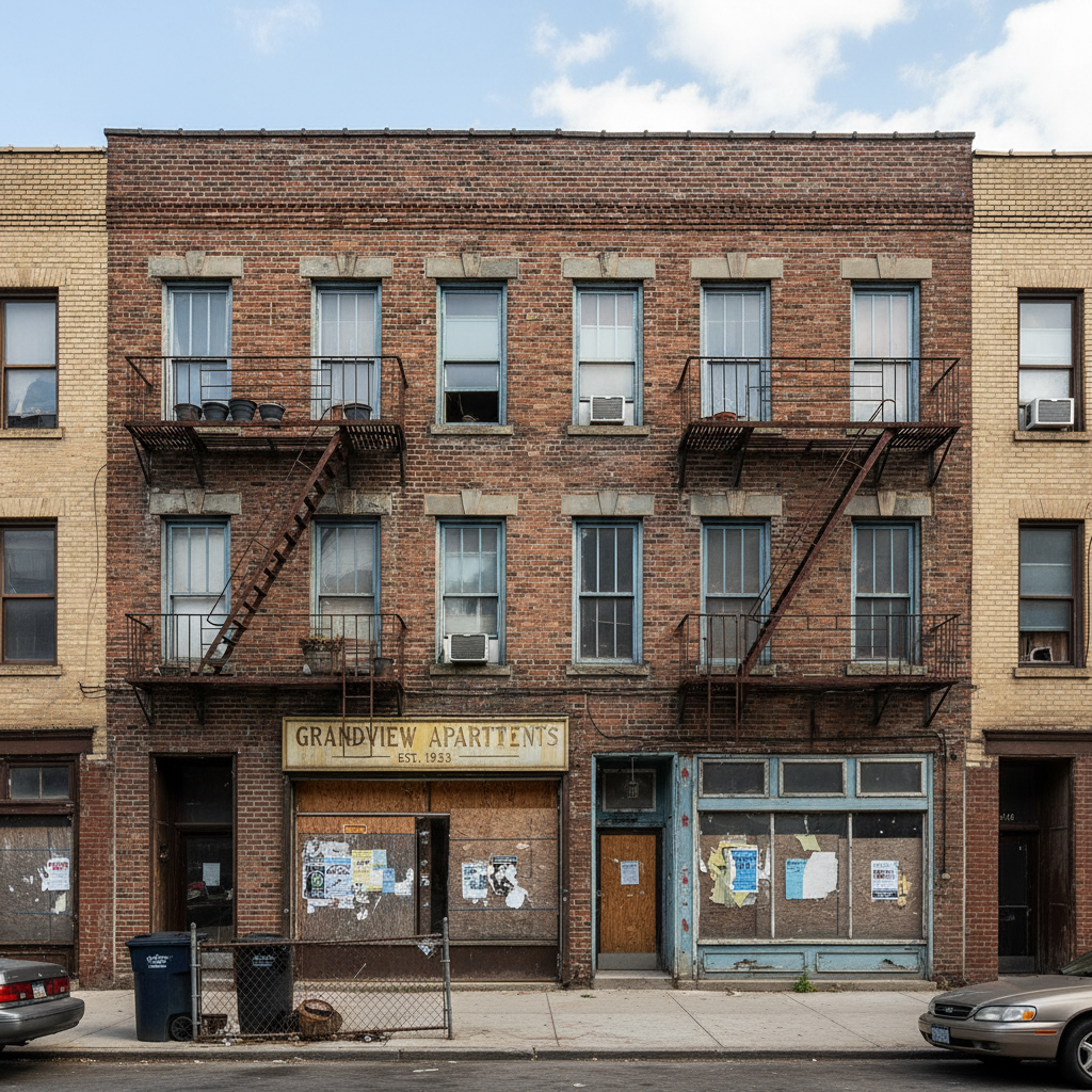 Apartment building exterior before renovation, aged brick facade with weathered windows