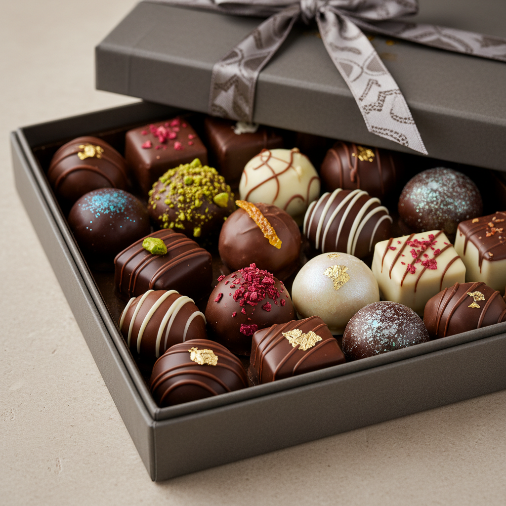 Assorted handcrafted chocolate truffles in gold foil wrappers arranged in decorative box