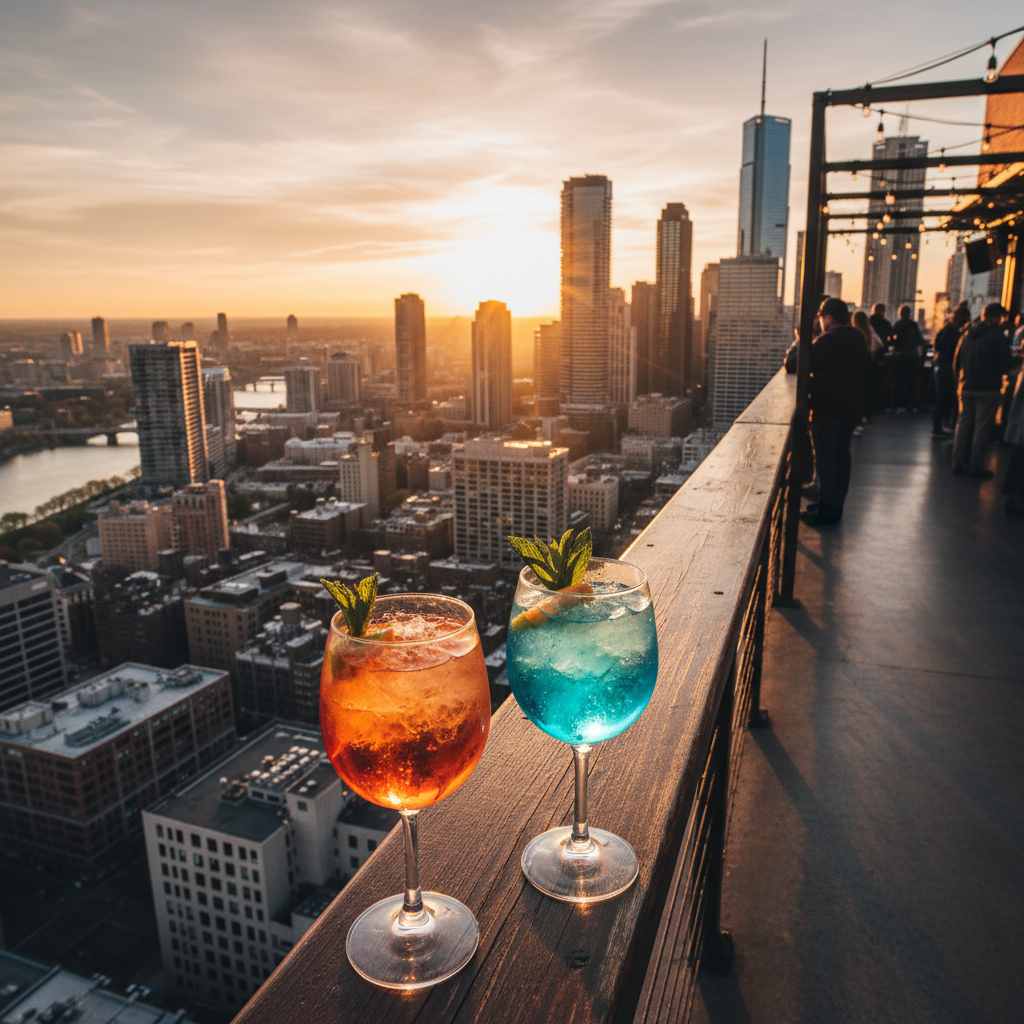 Rooftop bar at golden hour with city skyline and cocktails on the rail