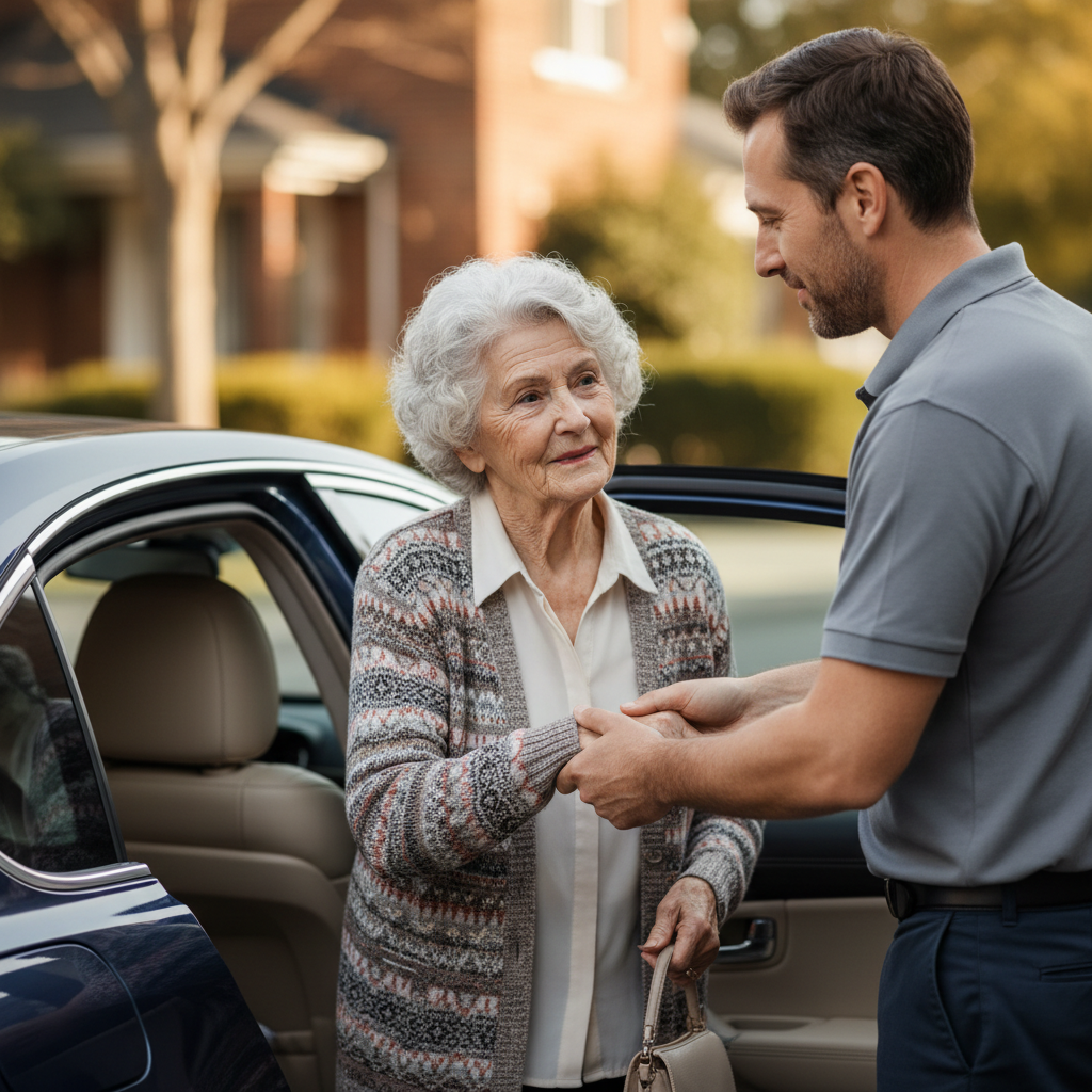 Driver offering a steadying arm to an elderly woman at a car door