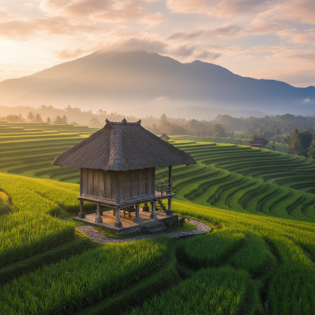 Terraced Bali rice paddies with traditional wooden huts at dusk, misty atmospheric light, dark lush jungle