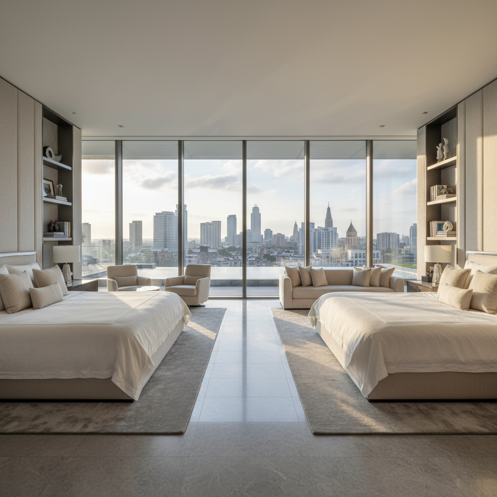Modern penthouse master bedroom with sea view, neutral tones, premium bedding, ambient lighting